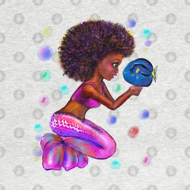 Black anime mermaid with blue tang fish and bubbles. Pretty black girl with Afro hair, green eyes, Cherry pink lips and dark brown skin. Hair love ! by Artonmytee